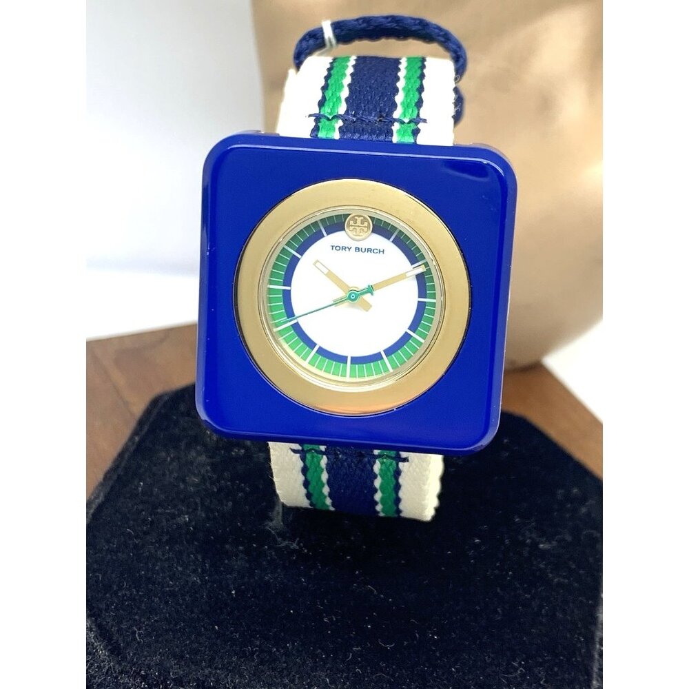 Tory Burch Women's Watch TBW3016 Izzie Quartz White Green Blue Nylon Band 36mm